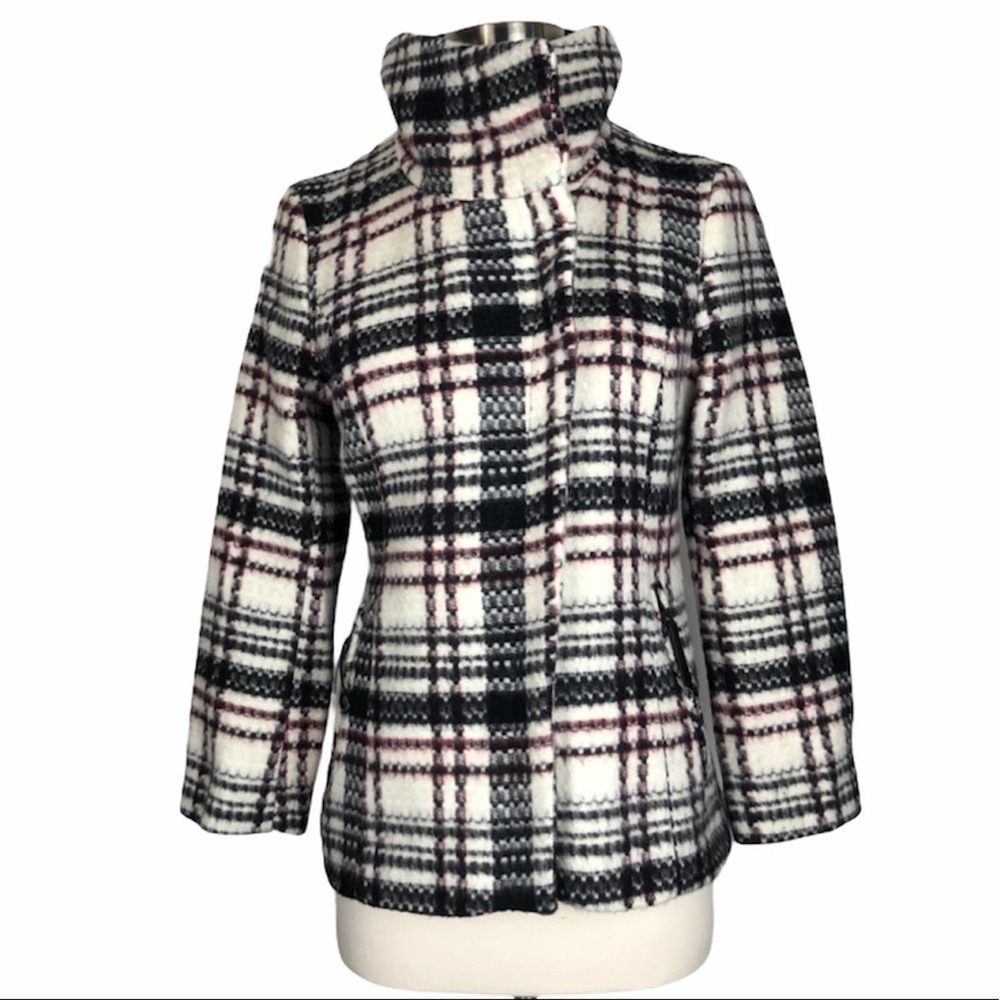 Soia & Kyo White Black & Red Plaid Preppy Moto Punk Designer Wool Coat Jacket XS